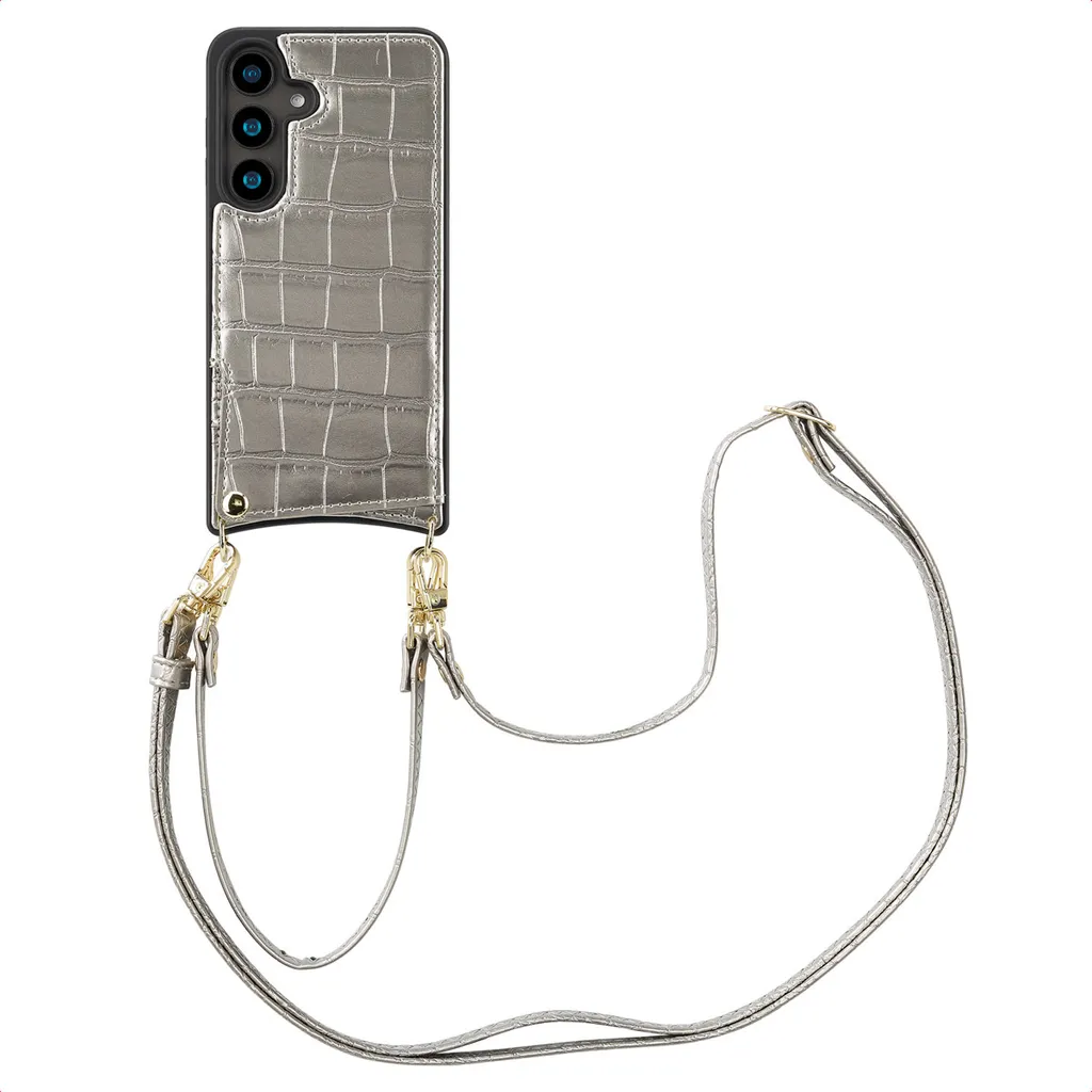 Selencia Nova Croco Custodia Samsung S24 Argento con Cordino e Portacarte
