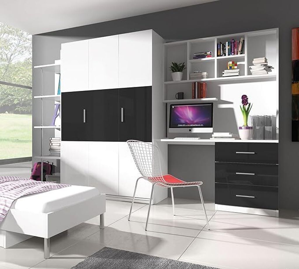 Jugendmöbel TOMI 3A Schrank, Regal, Schreibtisch Kindermöbel Hochglanz Jugendzimmer (Weiß / Schwarz )