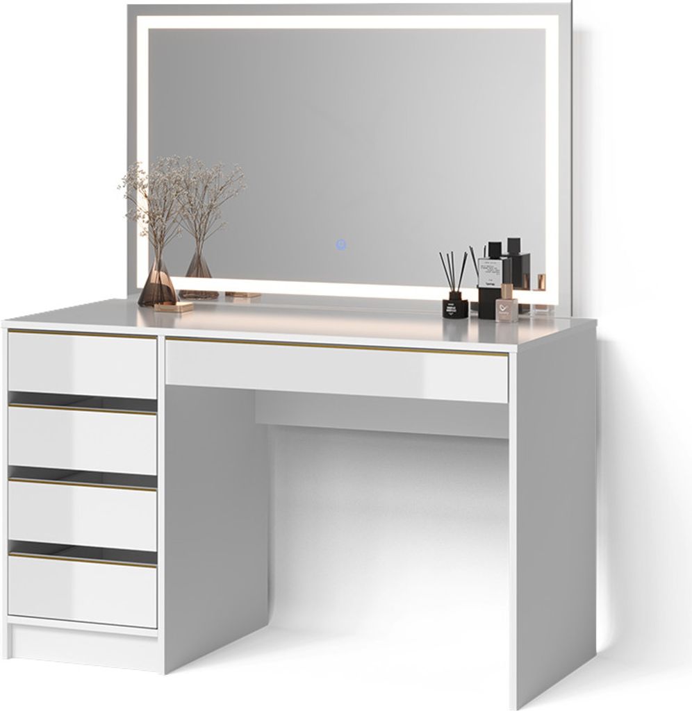 A white vanity table with a large LED mirror and gold accents, set against a white background.