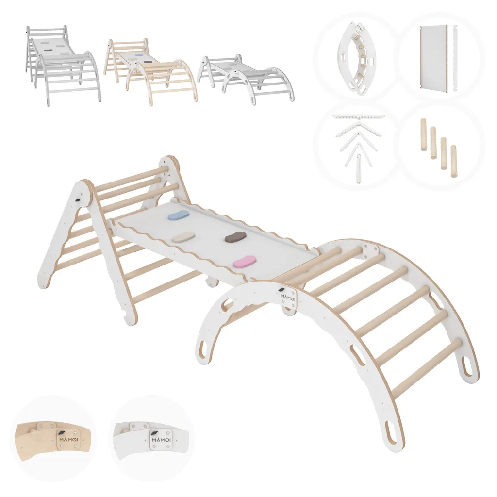 Triangle d'escalade Montessori en bois avec arc à bascule 3-en-1