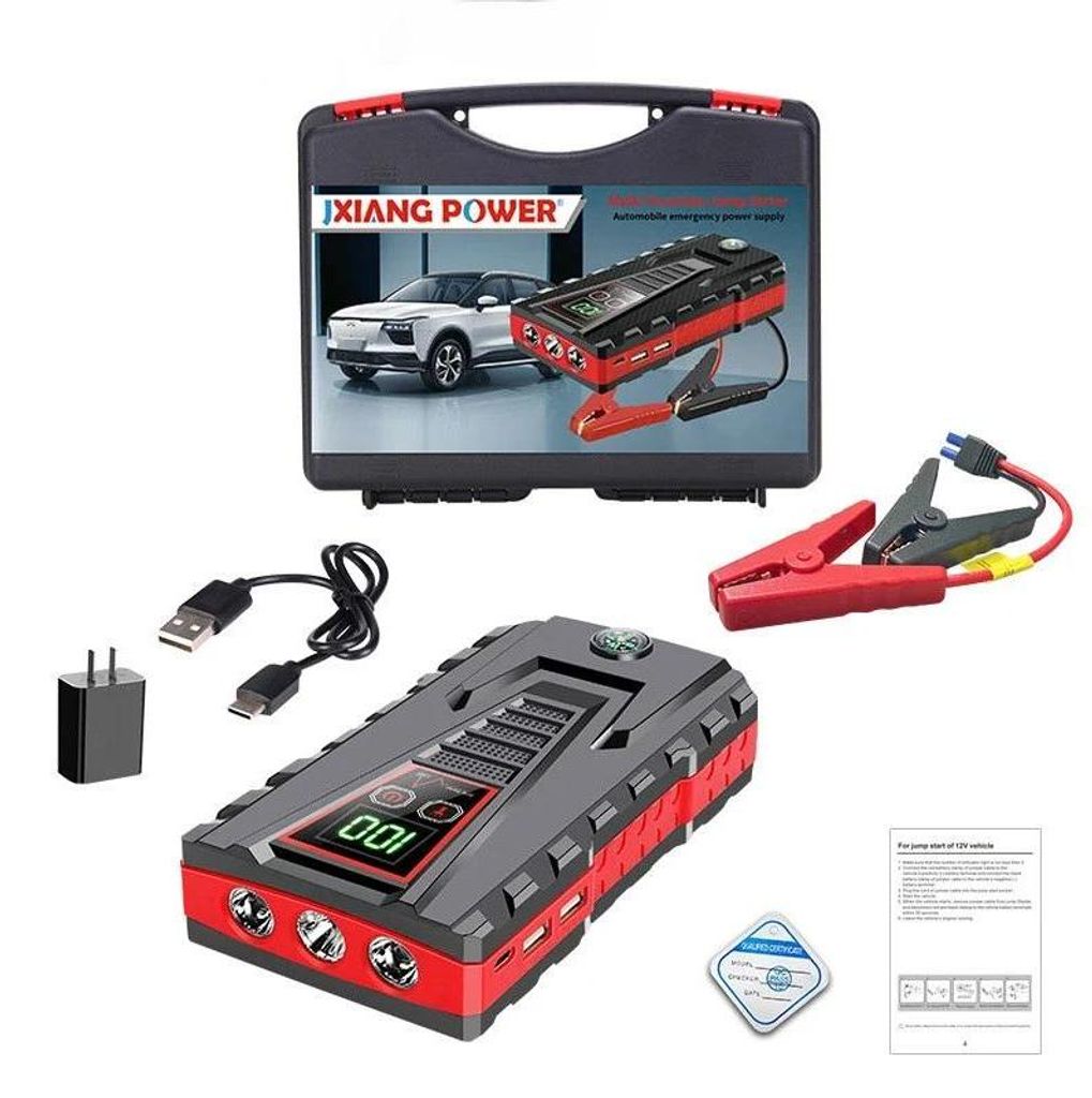 Auto Starthilfe - Tragbares Starthilfe Gerät Powerbank - Leistungsstarker Batteriebooster - Notstart Für Autobatterie - Rotes Set