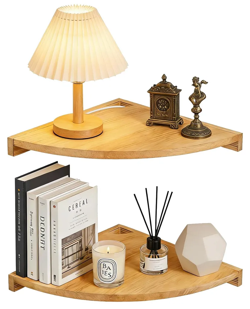 Étagère d'angle cuisine et salon en chêne - Lot de 2 supports muraux bois
