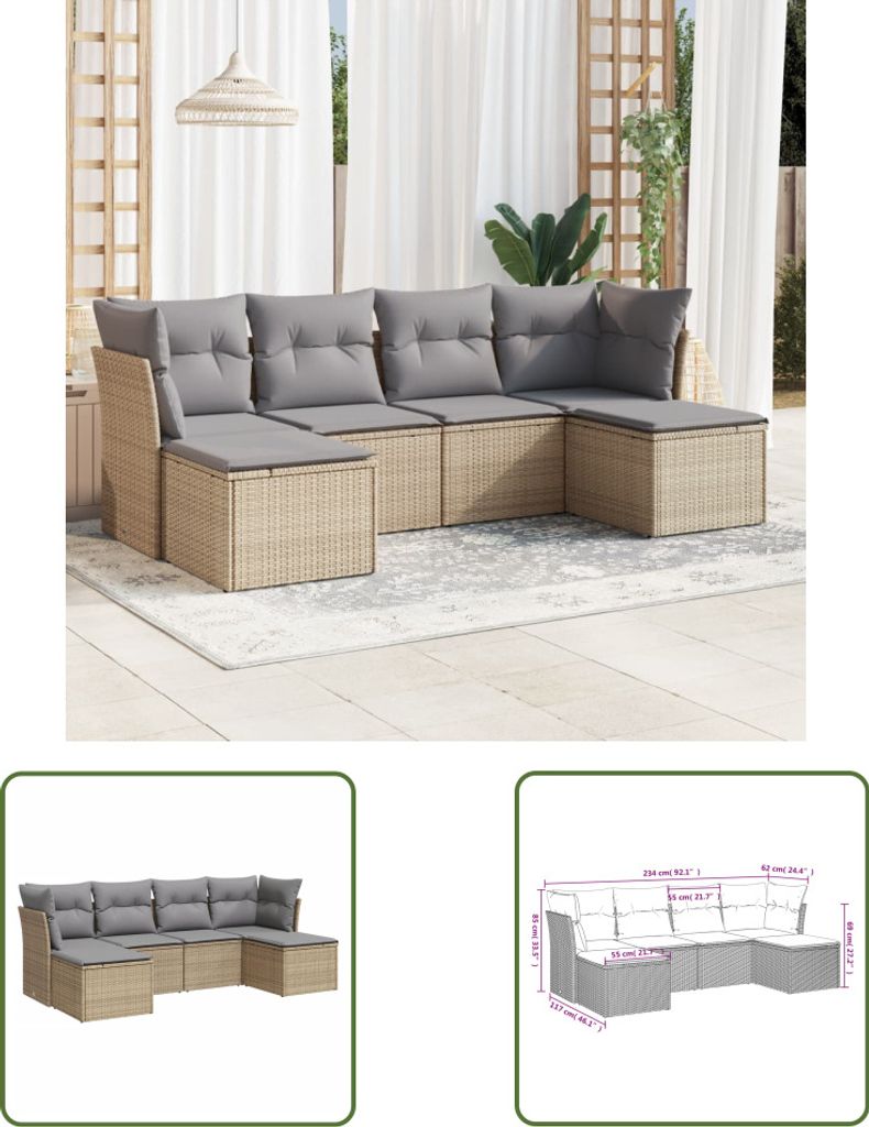 The Living Store 6-tlg. Garten-Sofagarnitur mit Kissen Beige Poly Rattan