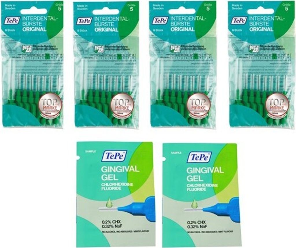 4x TePe Original Interdentalbürsten - 0,8mm grün + 2x 2ml Gingivalgel