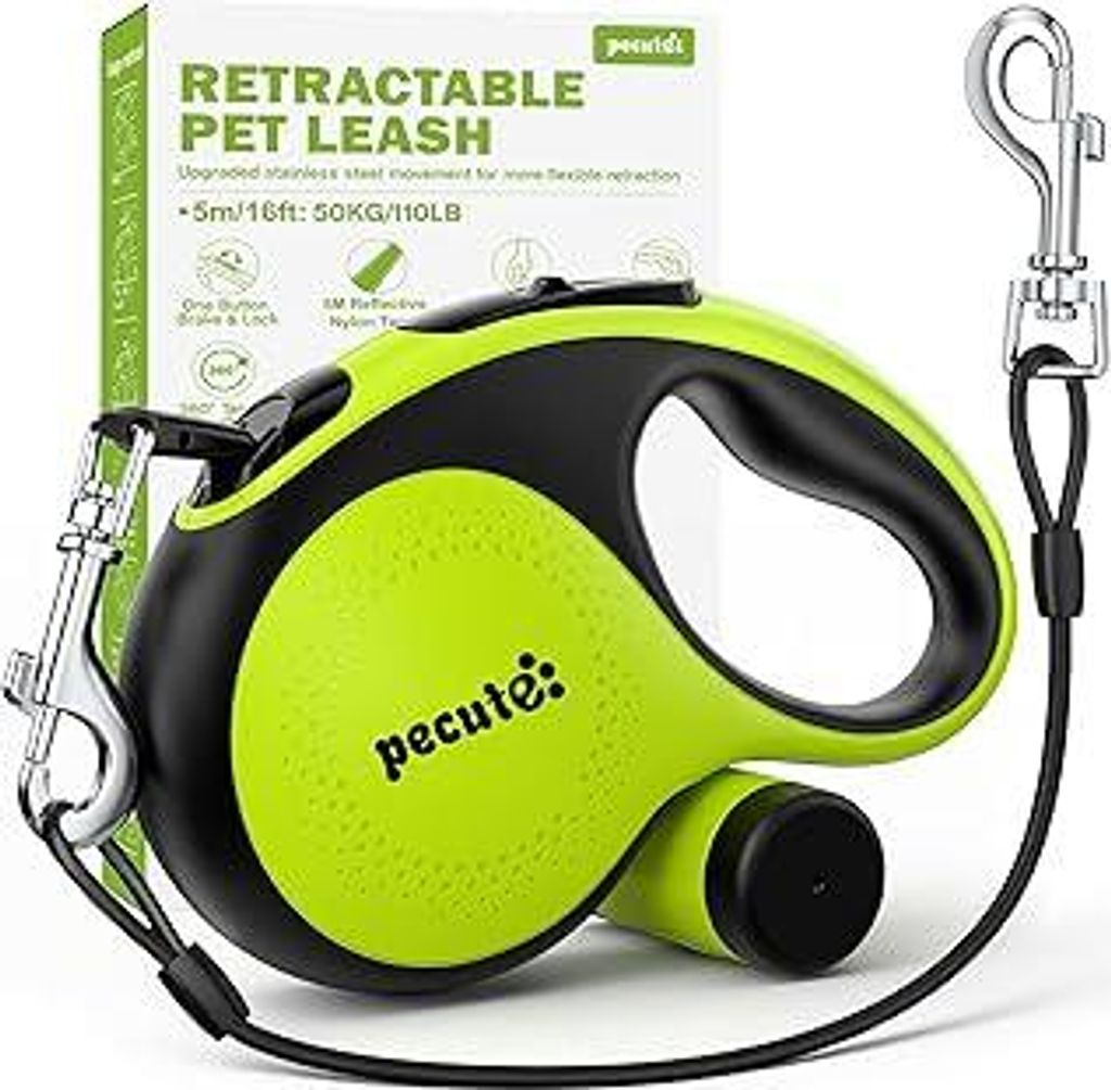 Pecute Hundeleine 5m, Verbesserte Kausichere Rollleine für Hunde, EIN-Knopf-Steuerung & Verwicklungsfrei, Robuste Nylonleine mit Reflektorstreifen...