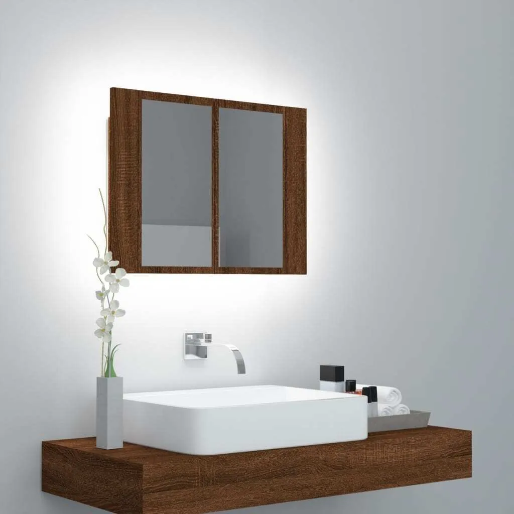Mobile Bagno con Specchio e Luci LED Rovere Marrone - The Living Store