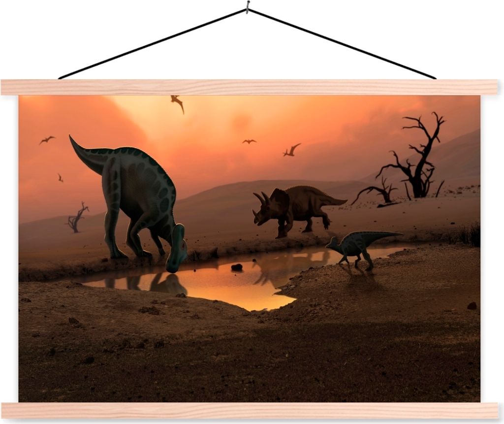 MuchoWow Textilposter Dinosaurier - Wilde Tiere - Zeichnung - Kinder - Kind 60x40 cm mit holzfarbenen Rahmen - Bilder