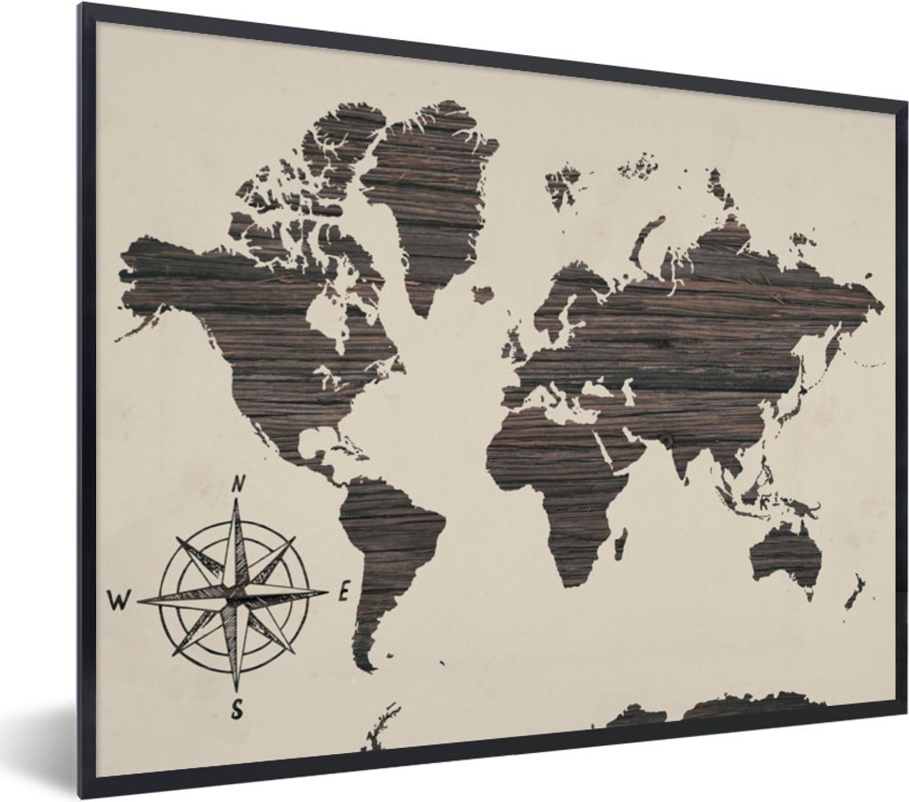MuchoWow Gerahmtes Poster Weltkarte - Holz - Vintage 80x60 cm - Poster mit Schwarzem Bilderrahmen Wandposter Rahmen Foto Bilder - Schwarzem - Mit...