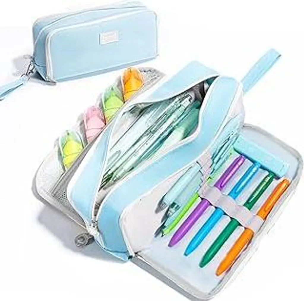 Astuccio Four Candies con 3 scomparti, astuccio grande per la scuola, ragazze, adolescenti, ragazzi, donne, blu, manico rimovibile e cerniera, grazioso astuccio per l'ufficio, l'università