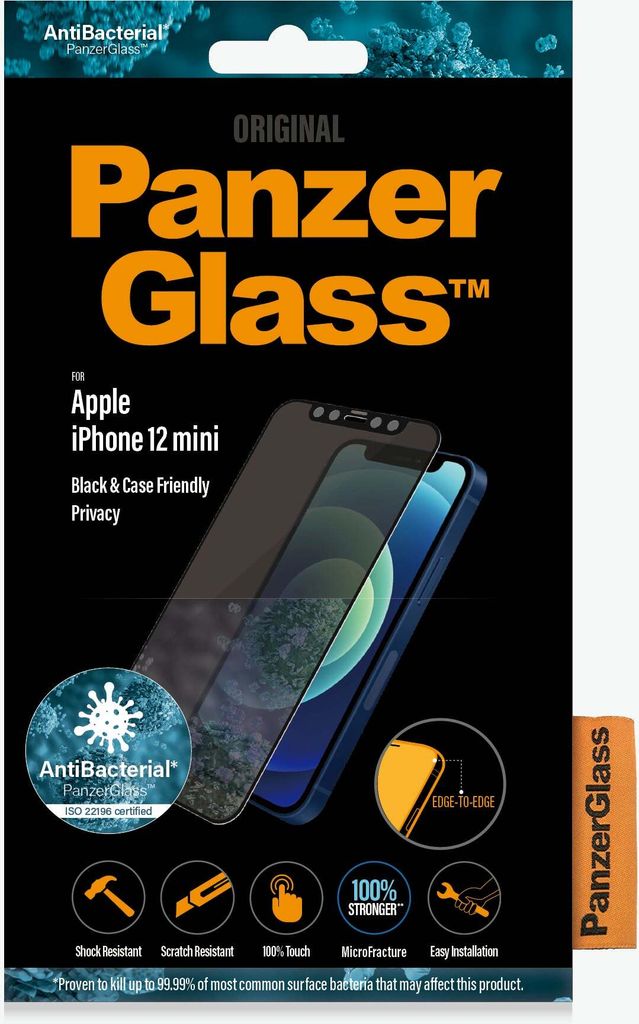 The image shows the packaging of a PanzerGlass screen protector for an iPhone 12 mini.