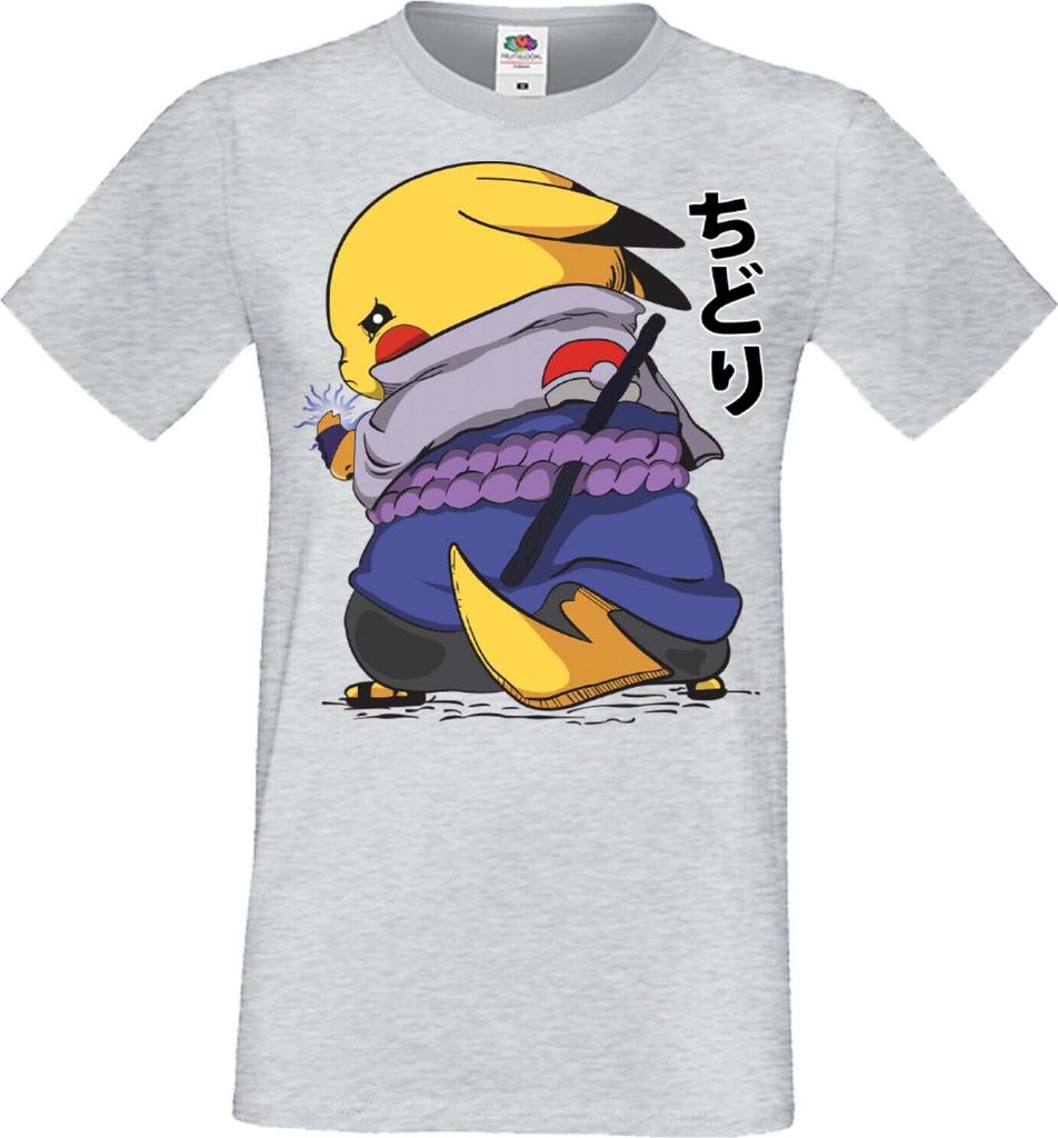Herren T-Shirt Anime Manga Naruto Pikachu Sasuke, Man L / Grau
