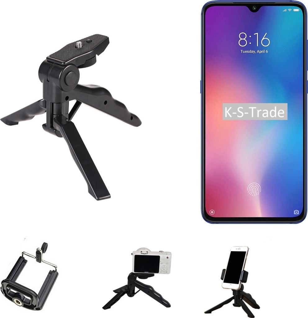 K-S-Trade Stativ Tisch-Ständer Dreibein Handy-Stativ Ständer kompatibel mit Xiaomi Mi 9 SE Mini-Stativ Smartphone Tripod Handy-Stativ aus Plastik