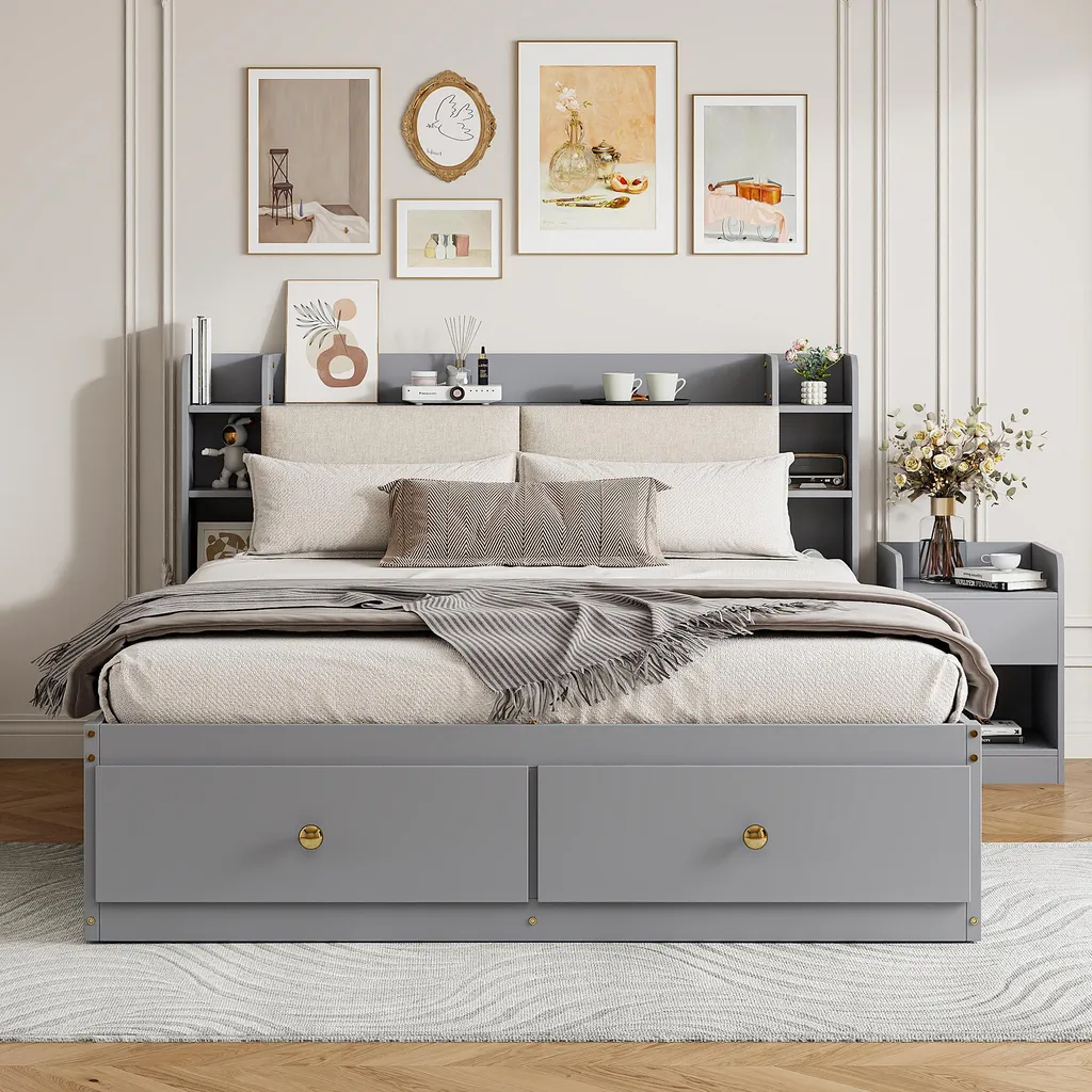 Lit double combiné gain de place 140x200, bois gris avec rangements - 4