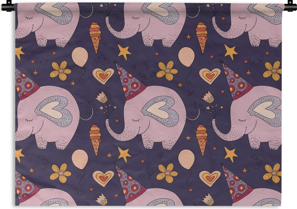 MuchoWow Wandteppich Wandbehang Geburtstag - Elefant - Muster 90x67.5 cm Tapisserie Dekoration Wandtuch - Fototeppich - Wand-Skulpturen