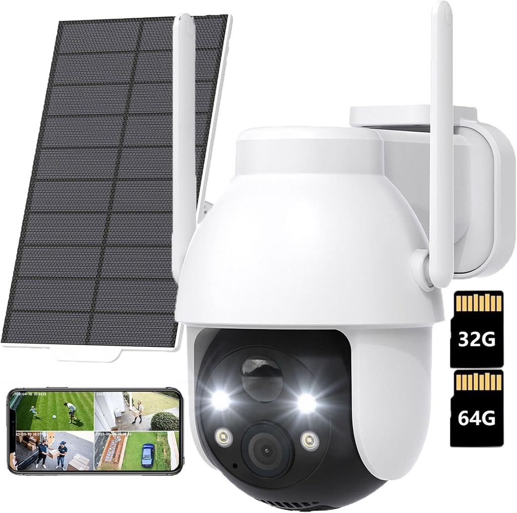 2K 3MP Überwachungskamera Aussen Solar 360° PTZ Überwachungskamera Aussen Akku WLAN Kamera mit PIR Bewegungsmelder Farb-Nachtsicht mit 32G & 64G