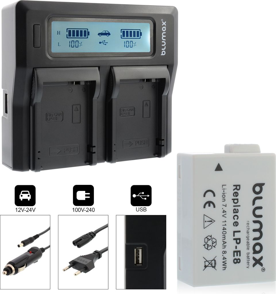 1x Akku + Lader für Canon Lp-E8 EOS 550D 650D 700D Rebel T3i 1140 mAh (7,2V)
