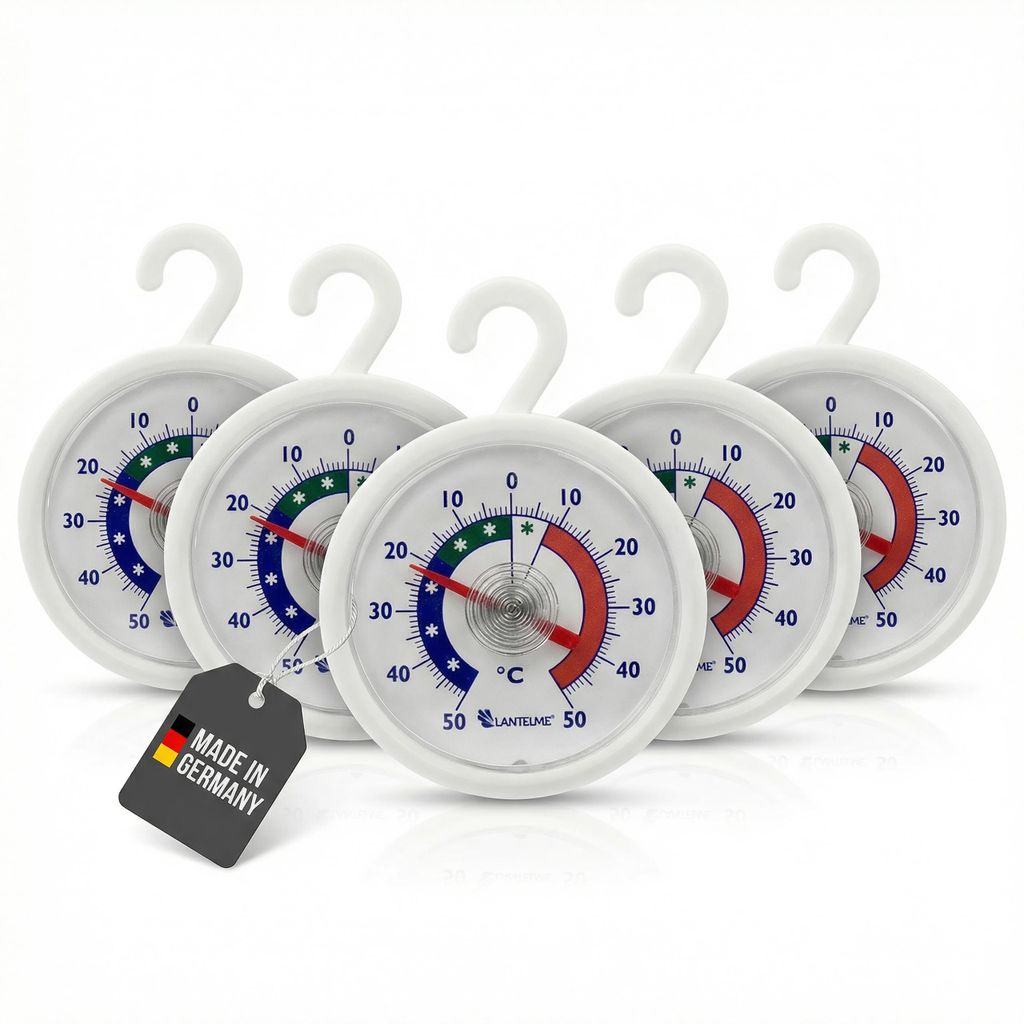 5 Stück Kühlschrankthermometer Set rund mit Haken und Klebepad Temperatur + - 50°C Analog Gefrierschrank Kühltheken Thermometer