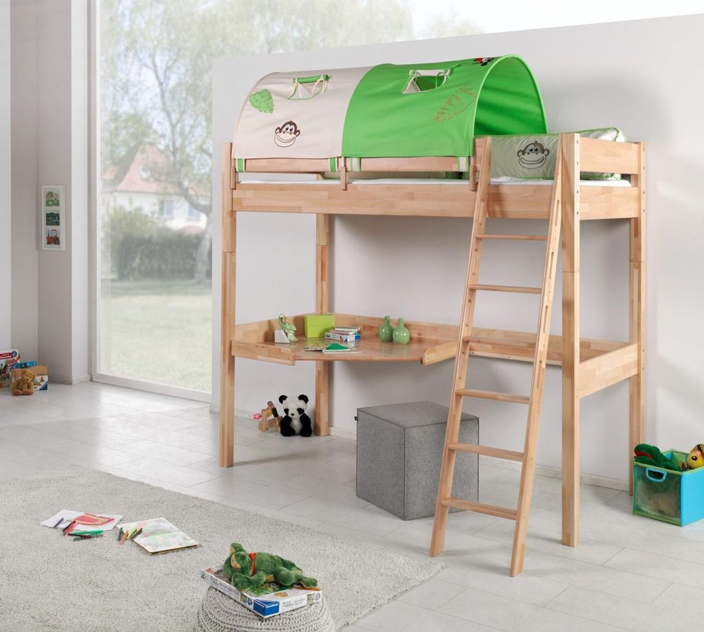 Hochbett Renate Buche Massiv Natur lackiert mit Schreibtisch und Textilset