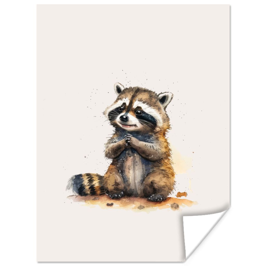 MuchoWow Poster Waschbär - Wasserfarben - Tiere - Kinder 60x80 cm - Schlafzimmer Dekoration