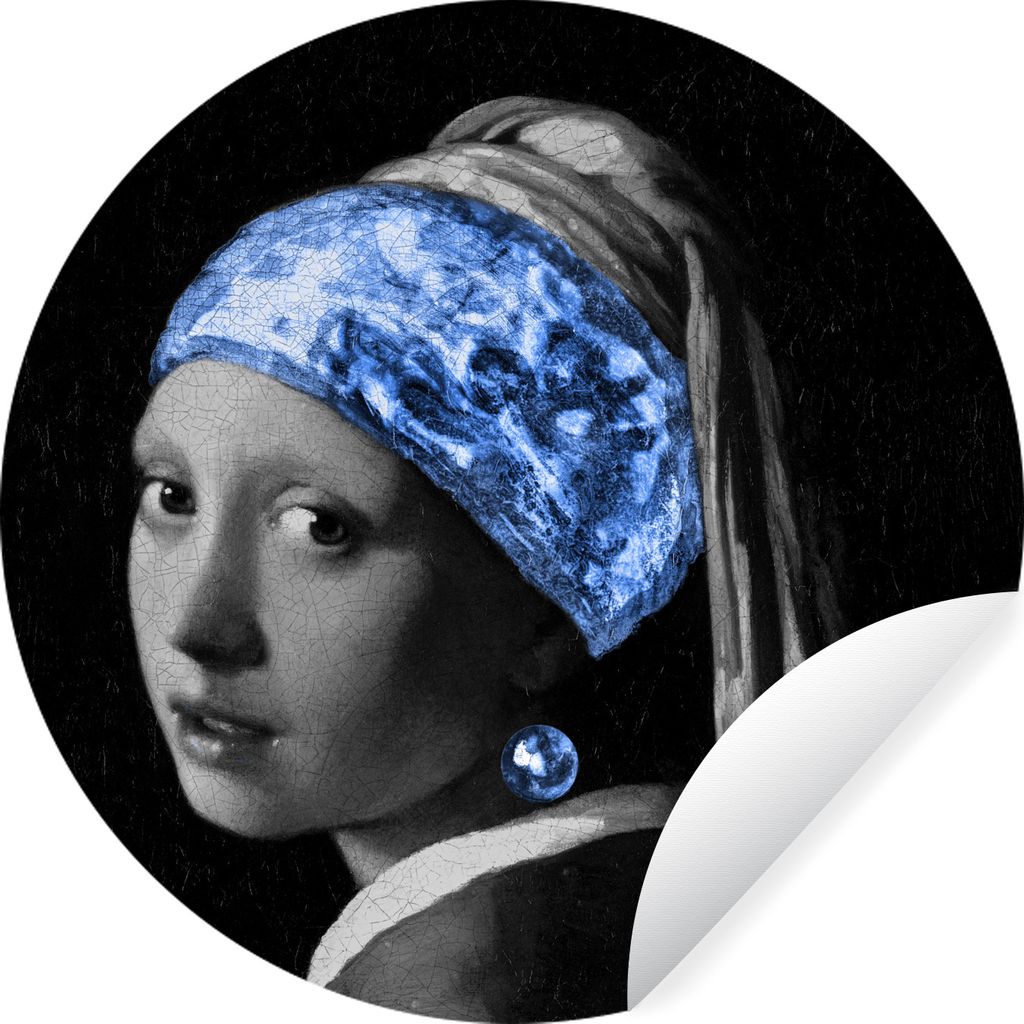 MuchoWow Runde Wandtattoo - Wandsticker Tapete Aufkleber Mädchen mit einem Perlenohrring - Vermeer - Blau Ø 50 cm Selbstklebend und Repositioni...