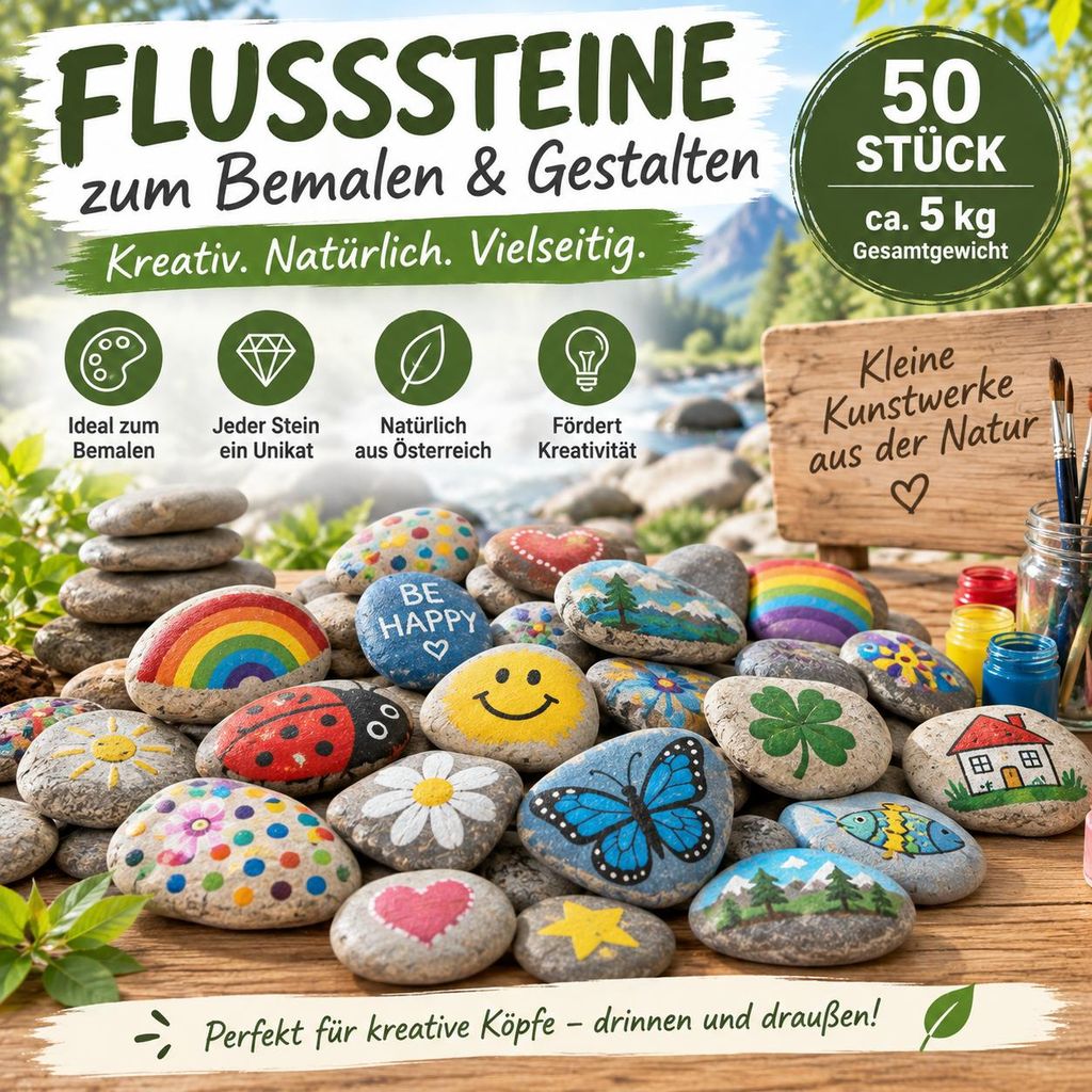 50 Stück flache Flusssteine aus 14cm bis 5cm Mischung Produktbild  KI-generiertes Bild