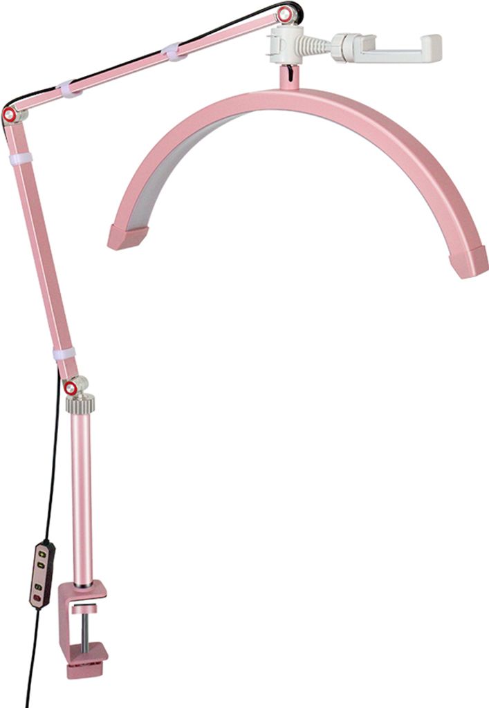 A pink LED ring light with an adjustable arm and C-clamp base, isolated on a white background.