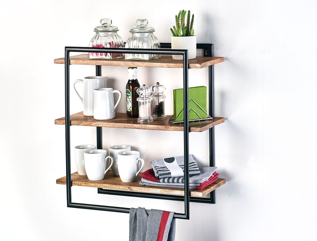 Kobolo Wandregal Hängeregal Metallregal IRON aus Mangoholz und Metall -61x22x60 cm - Wandboard Wohnzimmer Esszimmer Büro Wohndeko Ablage Schwarz ...