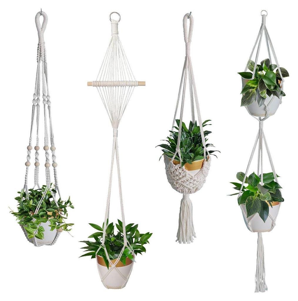 Set mit 4 Makramee-Pflanzenampeln, hängende Pflanzgefäße aus Baumwollseil für den Innenbereich, Boho-Dekoration, hängende Blumentöpfe für Ga...