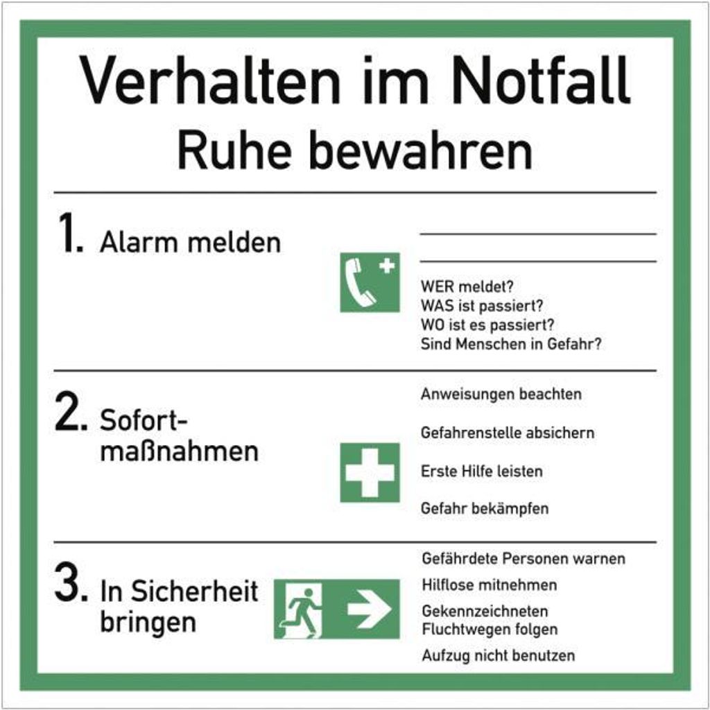 Dreifke Aufkleber Verhalten im Notfall ISO 7010, Folie, 180x180 mm