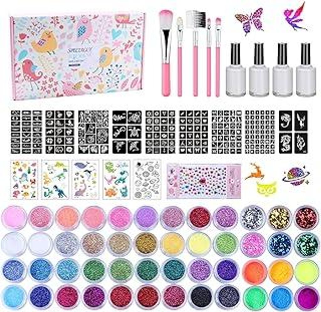 Kinder Glitzer Tattoo Set - 48 Farben, 209 Schablonen, Wasserdicht, 5 Pinsel, 4 Kleber - Wasserdicht Party & DIY Geschenk & Körper, Temporäre Gli...