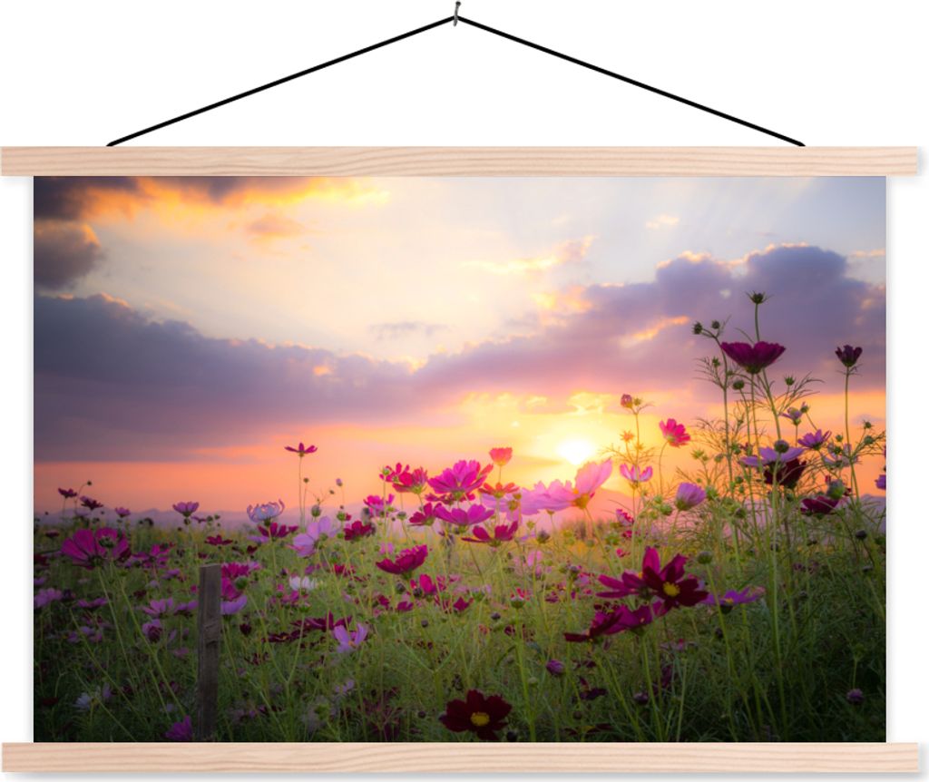 MuchoWow Textilposter Blumen - Rosa - Sonnenuntergang - Natur - Wiese - Horizont 60x40 cm mit holzfarbenen Rahmen - Bilder