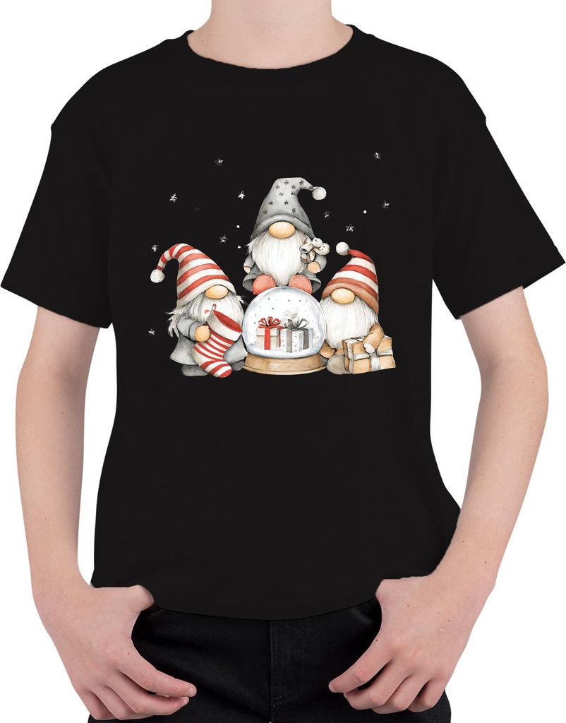 Weihnachtswichtel Schneekugel Geschenke skandinavisch Retro Uni Kinder T-Shirt, Schwarz, 116