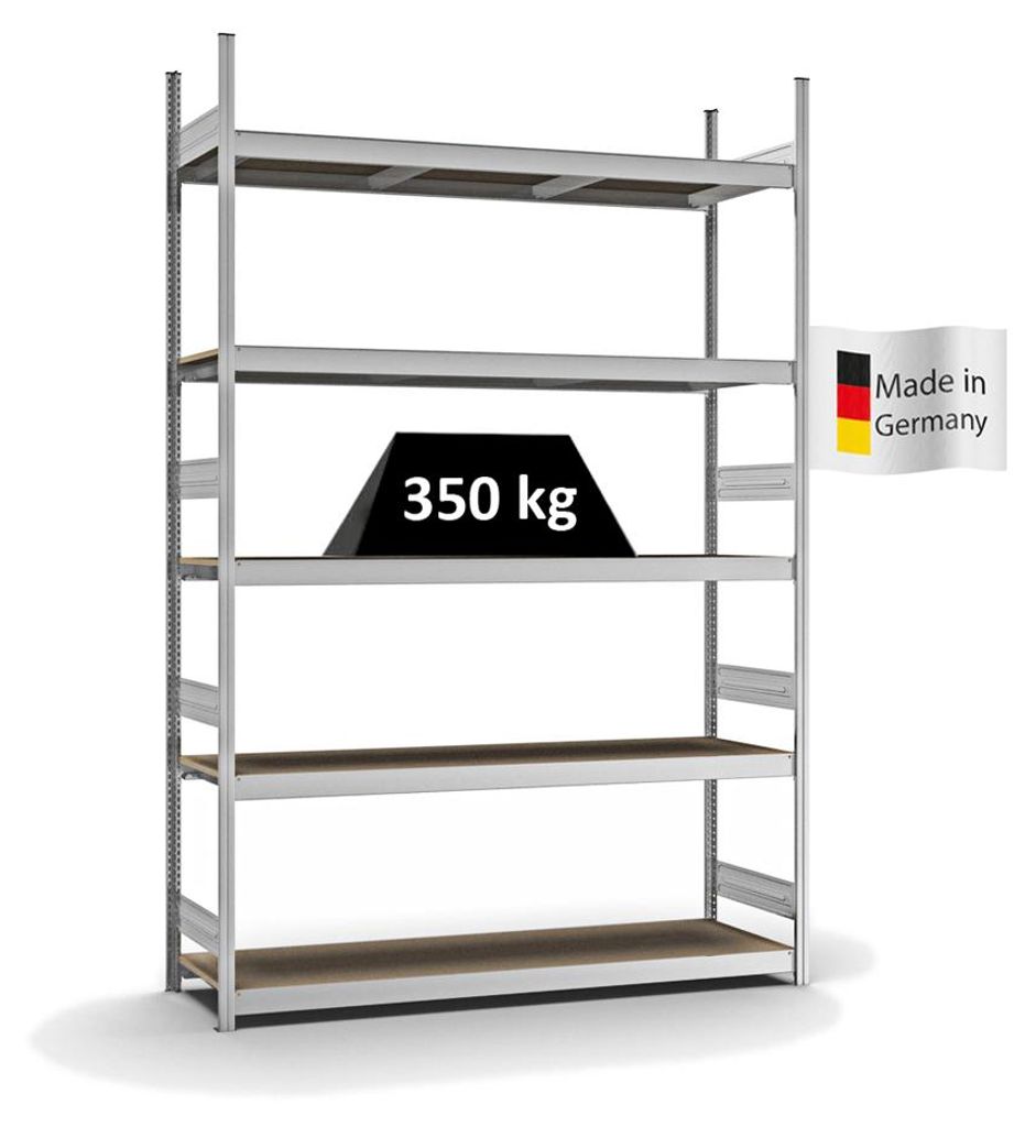 PROREGAL Weitspannregal Stecksystem MAGNUS Germany | HxBxT 300x200x50cm | 5 Ebenen | Spanplatten-Fachboden | Fachlast 350kg | Verzinkt