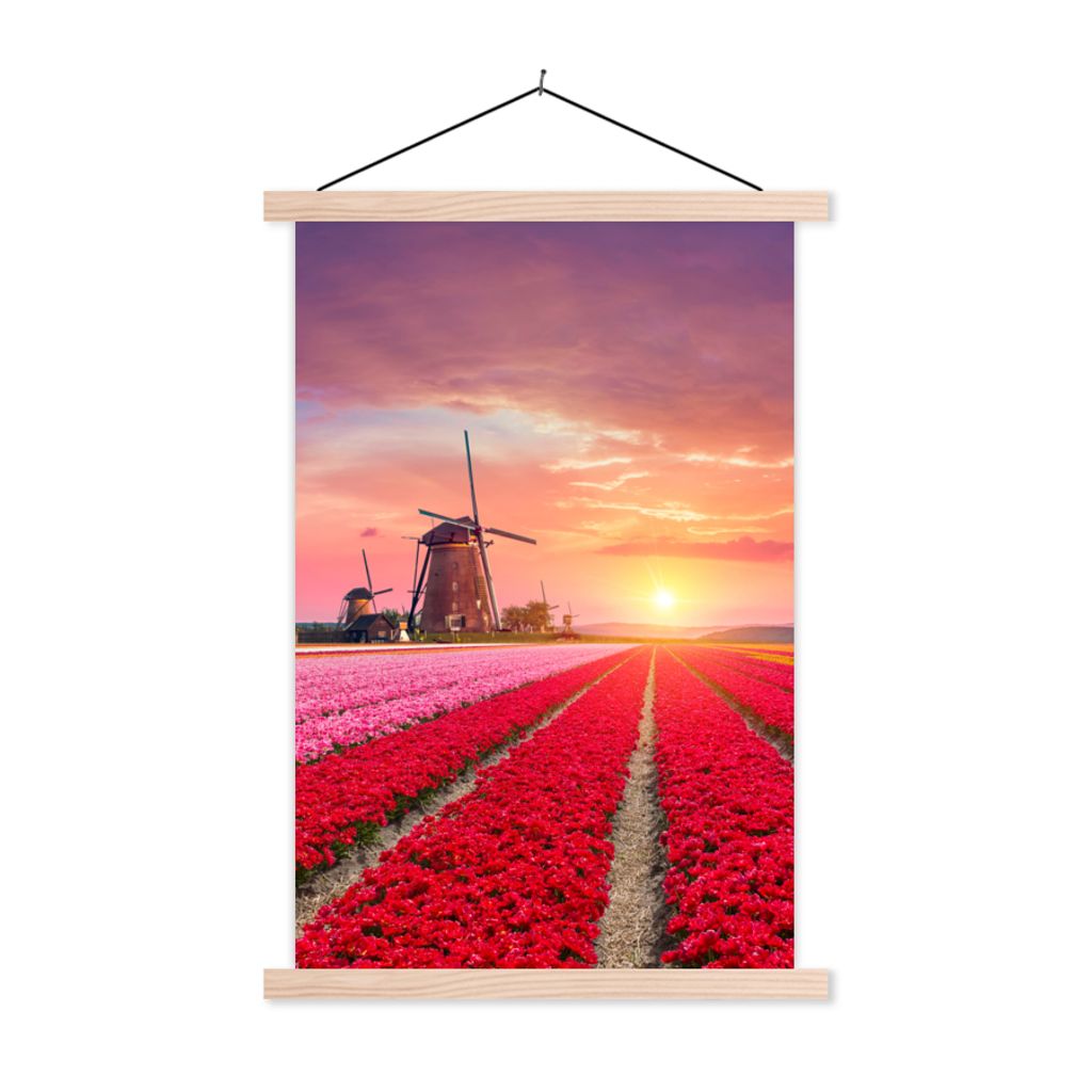 MuchoWow Textilposter Blumen - Windmühle - Tulpen - Sonnenuntergang - Rosa 120x180 cm mit holzfarbenen Rahmen - Textil-Plakat