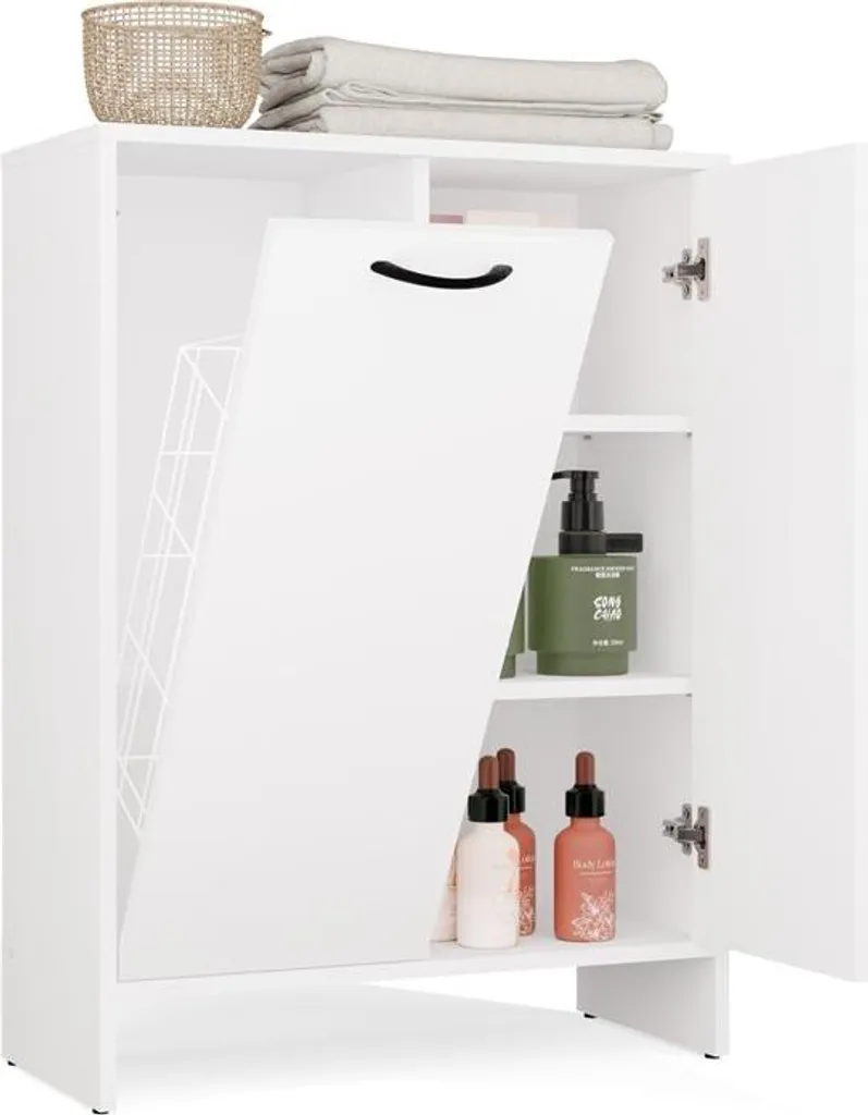 Mobile Colonna Bagno NINA 1K1D: 3 Ripiani e Cesto Bucato Bianco - 10