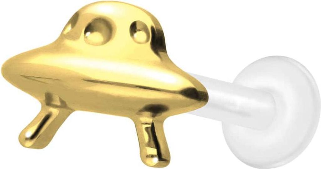 Ohrpiercing, Nasenpiercing PTFE Labret mit Innengewinde + Titan-Aufsatz UFO Gold Stablänge: 10mm | Stabstärke: 1,6mm
