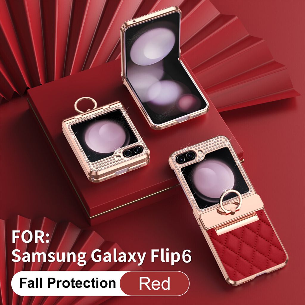 Leder Hülle für Samsung Galaxy Z Flip 6 / Z Flip 7 FE mit Ringhalterung, Luxus Glitzer Bling Überzug Scharnierschutz Handyhülle Rot