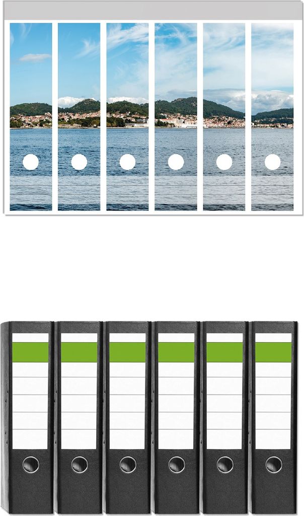 Wallario 6 Stück breite Ordner inkl. Klebeetiketten mit Motive Stadt zwischen Bergen und Meer - Set mit Rückenschildern / Ordnerrücken Stickern