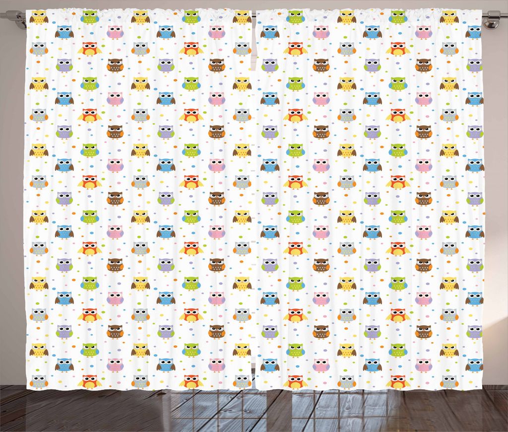 ABAKUHAUS Eulen Rustikaler Vorhang, Wütend lustige Cartoon-Kinder, Wohnzimmer Universalband Gardinen mit Schlaufen und Haken, 280 x 245 cm, Mehrfa...