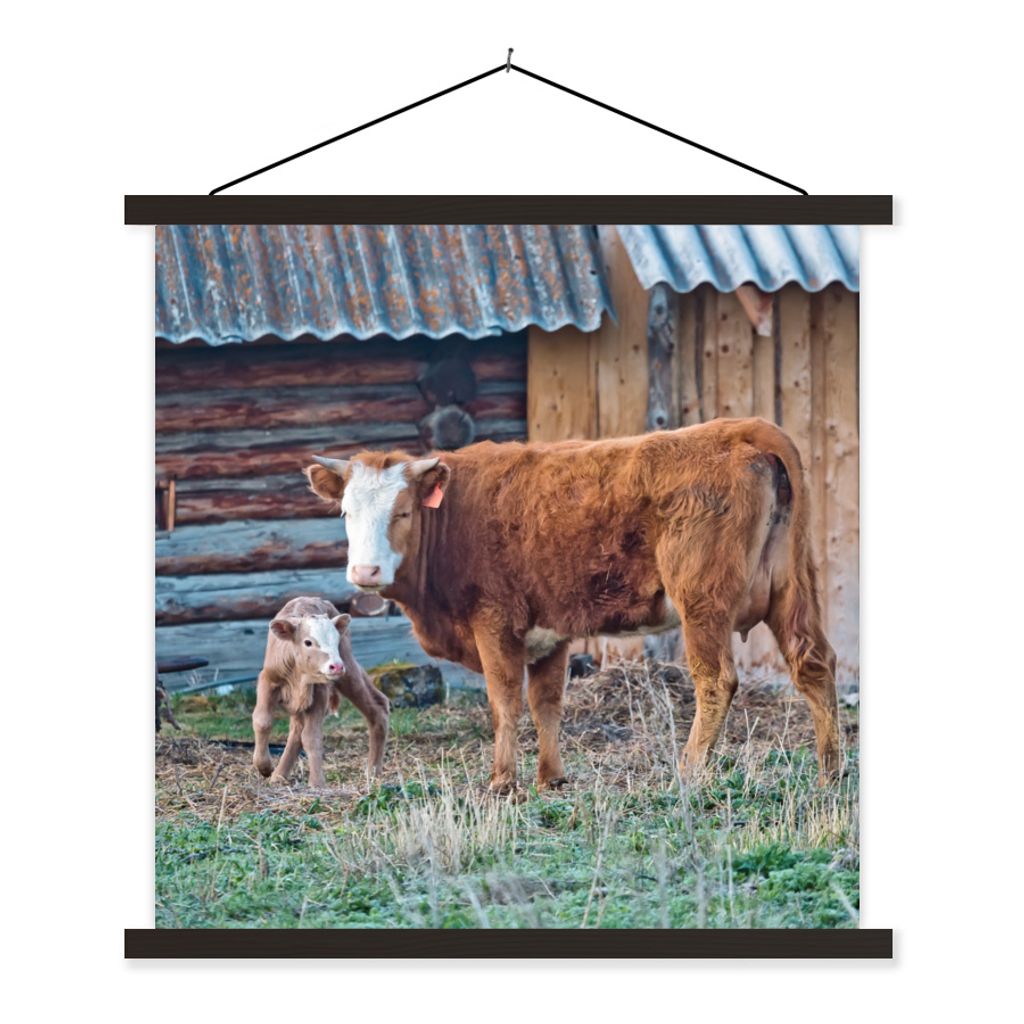 MuchoWow Textilposter Kuh - Stall - Gras - Kalb 120x120 cm mit schwarzem Rahmen - Aufhängungsset