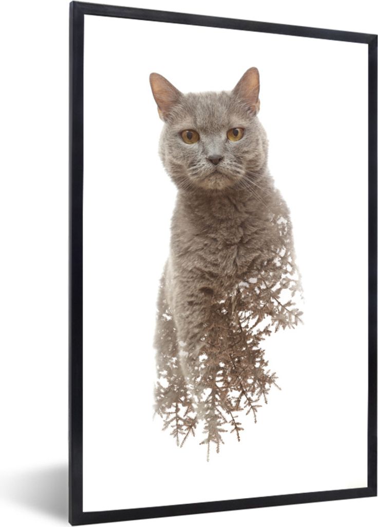 MuchoWow MuchoWow Gerahmtes Poster Katze - Zweig - Grau 40x60 cm - Poster mit zchwarzem Bilderrahmen - Papierdruck - Wandbilder