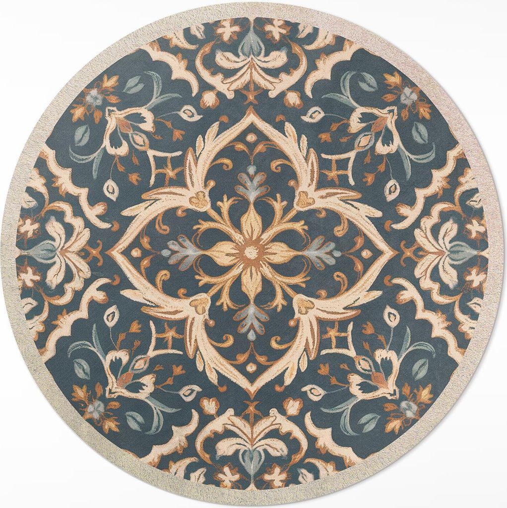 Pflanzendekoration Vintage-Ornament im alten Stil – Vinyl Fußmatte – Ø 140cm – Rutschfest – Pflegeleicht & Langlebig