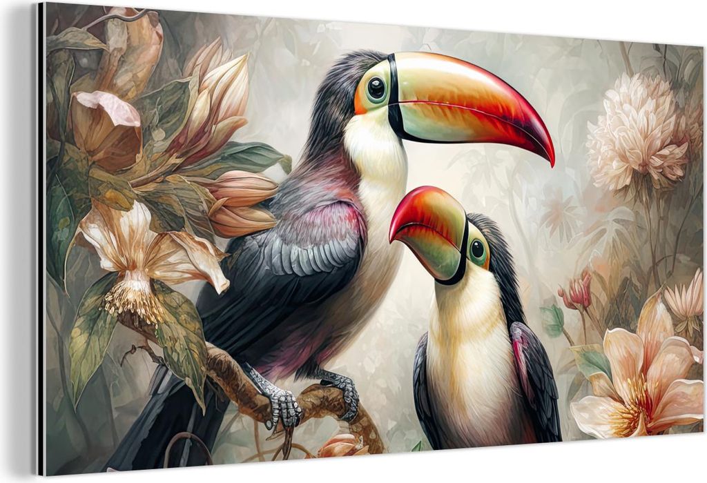 MuchoWow Wanddekoration Metall Metallbild Wandkunst 120x60 cm Tukan - Vögel - Blumen - Dschungel MuchoWow Aluminium Gemälde - Metalbilder