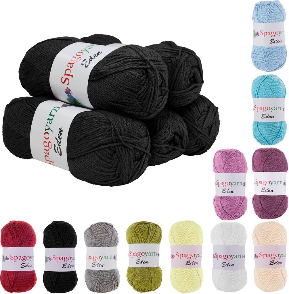 5 x 100g Strickgarn Eden Uni Häkelgarn Strickwolle Handstrickgarn Sommergarn Klassikstrickgarn Farbwahl, Farbe:30 schwarz