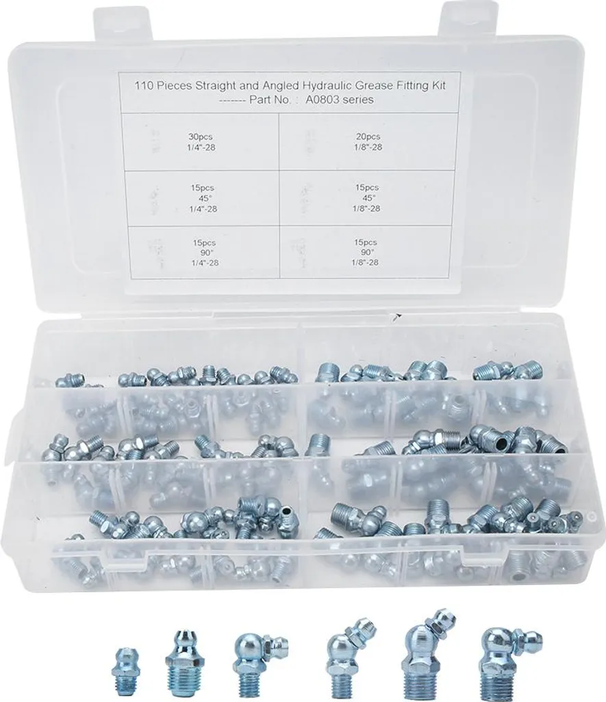 Assortimento Ingrassatori 1/8-28 45° - 110 Pezzi Acciaio Zincato Blu