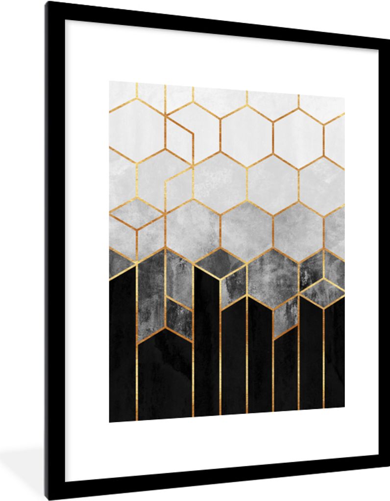 MuchoWow Gerahmtes Poster Gold - Sechseck - Chic - Muster - Luxus 60x80 cm - Poster mit Schwarzem Bilderrahmen Wandposter Rahmen Foto Bilder - Wo...