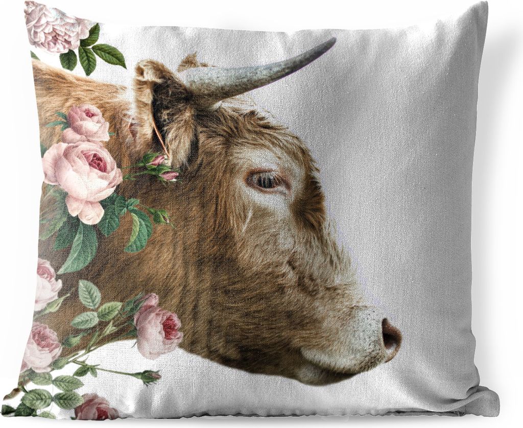 MuchoWow Outdoor Kissen - Schottisches Hochlandrind - Schottische Kuh - Blumen - 60x60 cm - Wetterfest - Lounge Kissen - Dekoration - Schlaf Kissen