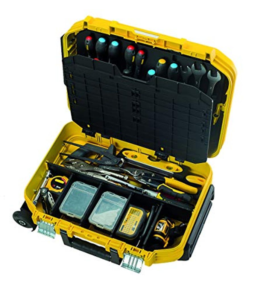 An open yellow tool case filled with various tools.