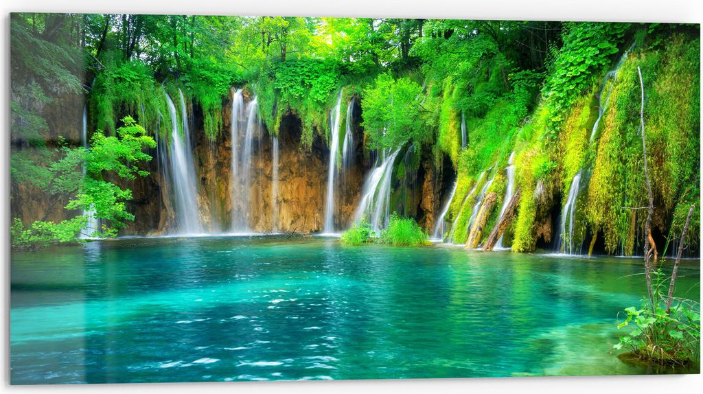 DEQORI Küchenrückwand Glas 80x40 cm 'Wasserfälle in Kroatien' Spritzschutz Bad Rückwand
