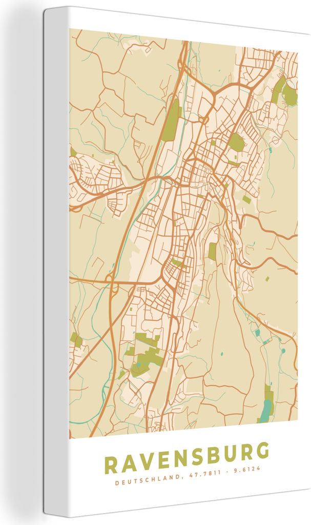 OneMillionCanvasses - Leinwandbilder - 90x140 cm, Ravensburg - Stadtplan - Vintage - Karte, Wandbilder Kunstdruck Wanddekoration - Foto auf Leinw...